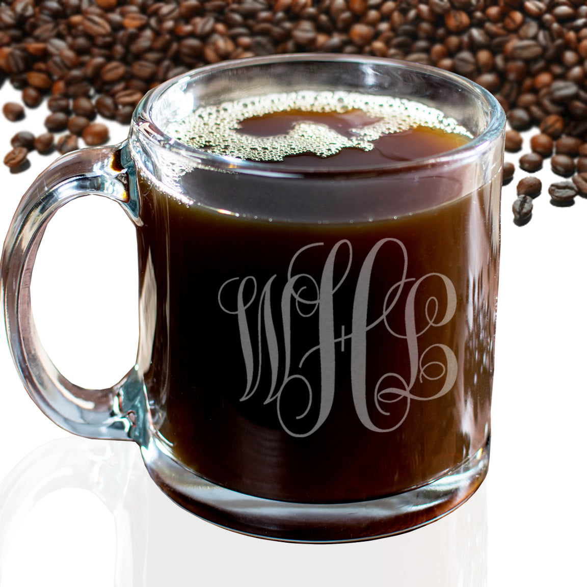 Engraved glass coffee mug, Personalized monogram coffee mug, Custom coffee mug / Laser engraved
