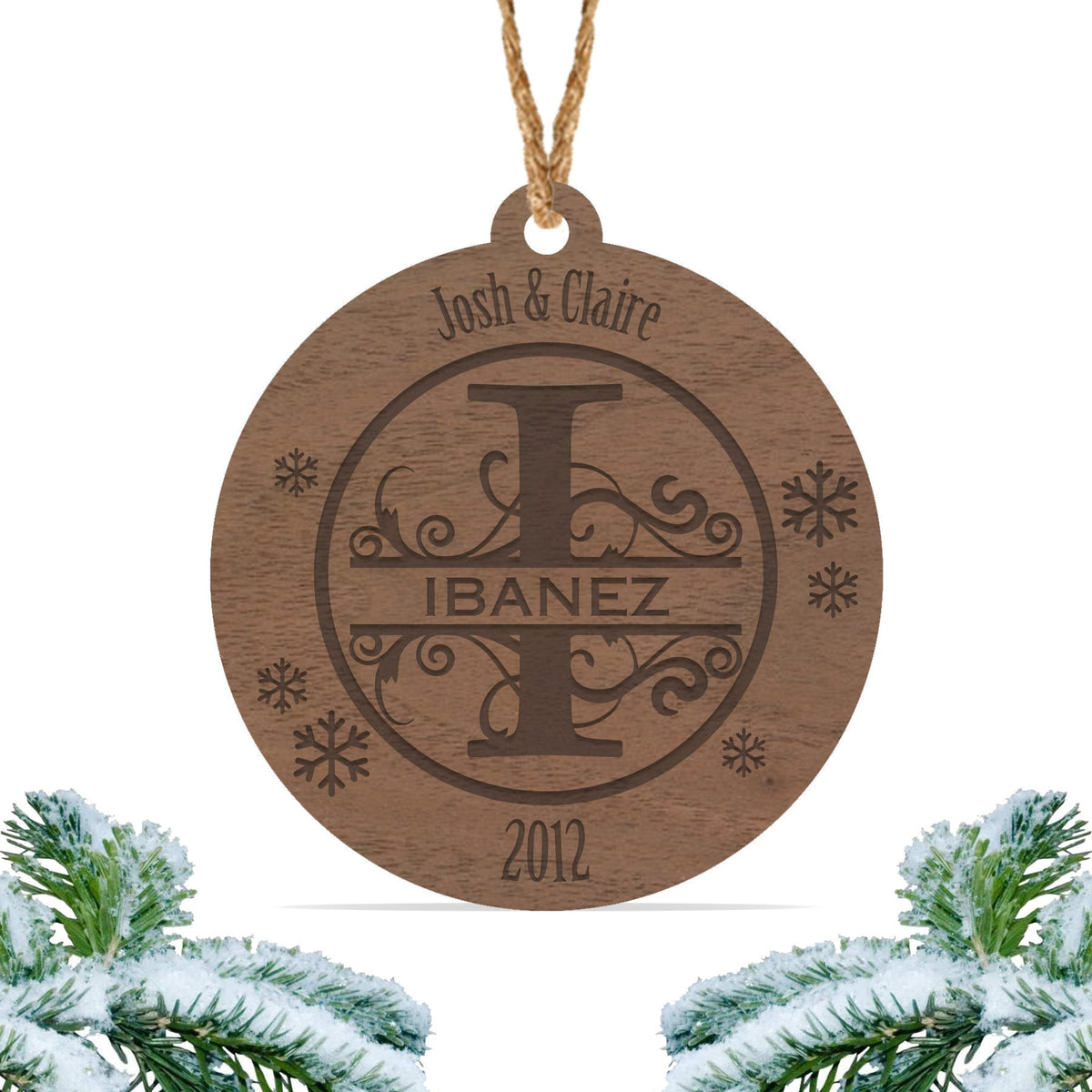 Monogram Christmas ornament, Personalized engraved wood Christmas ornament / Laser engraved (Design 1)