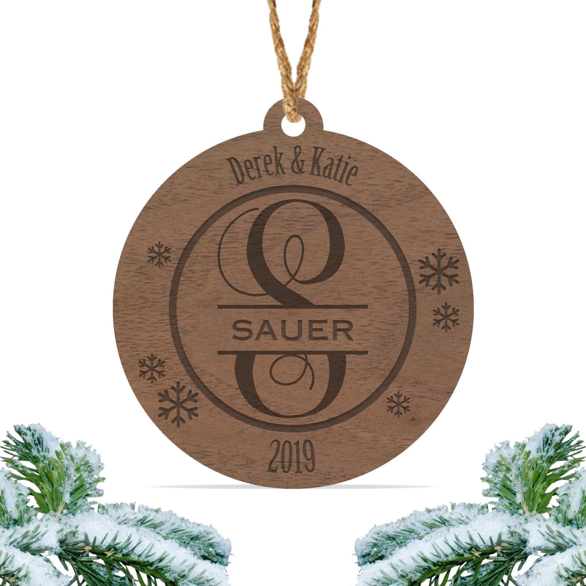 Monogram Christmas ornament, Personalized engraved wood Christmas ornament / Laser engraved (Design 4)