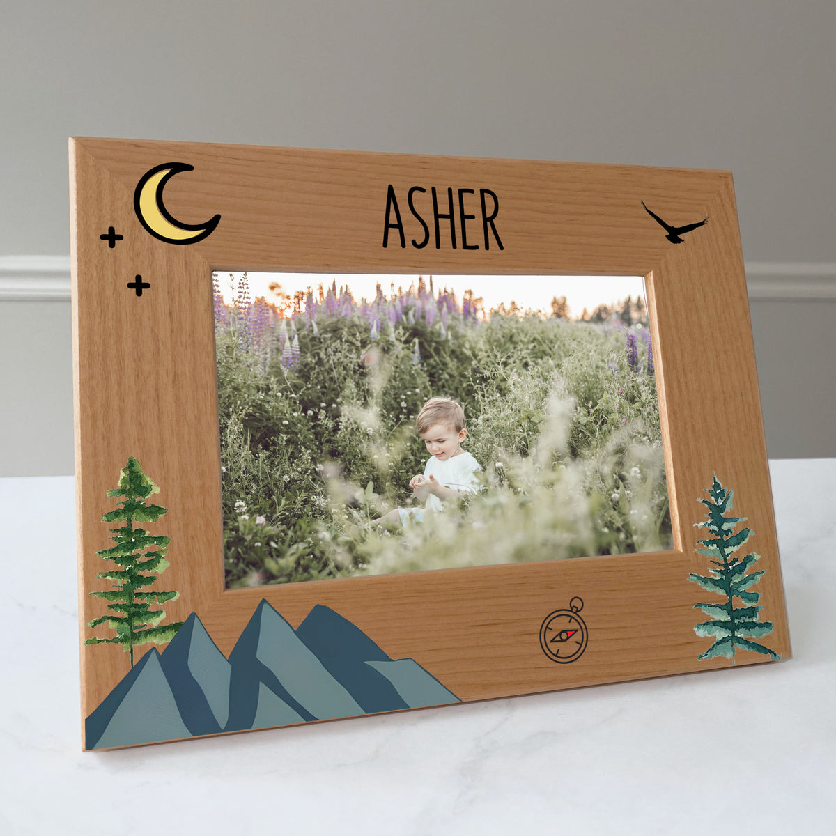 Outdoor mountains picture frame personalized, Baby gift / 4x6 photo frame / Printed