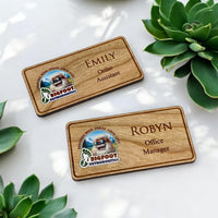 Load image into Gallery viewer, Engraved &amp; Full Color Printed wood name tag, Corporate name badge, Personalized name tag, Company name tag, Magnetic backing tag
