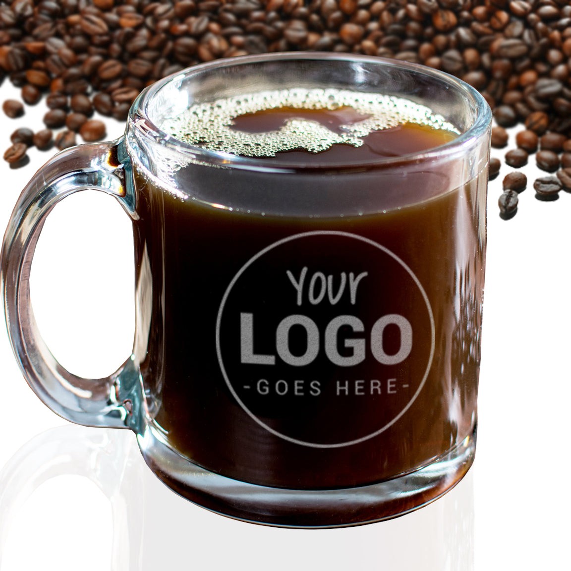 Custom engraved glass coffee mug with your logo or image / Laser engraved 13 oz.