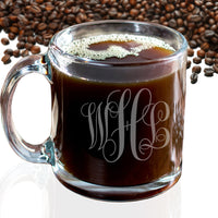 Load image into Gallery viewer, Engraved glass coffee mug, Personalized monogram coffee mug, Custom coffee mug / Laser engraved
