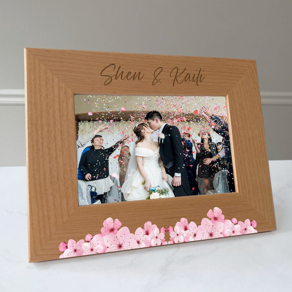 Couples wedding picture frame, Family name gift, Gift for newlyweds, Cherry Blossom design / 4x6 photo frame / Printed & Laser Engraved