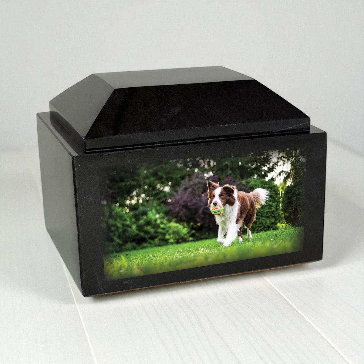 Personalized Jet Black Marble Pet Urn – Custom Photo & Engraved Memorial Keepsake