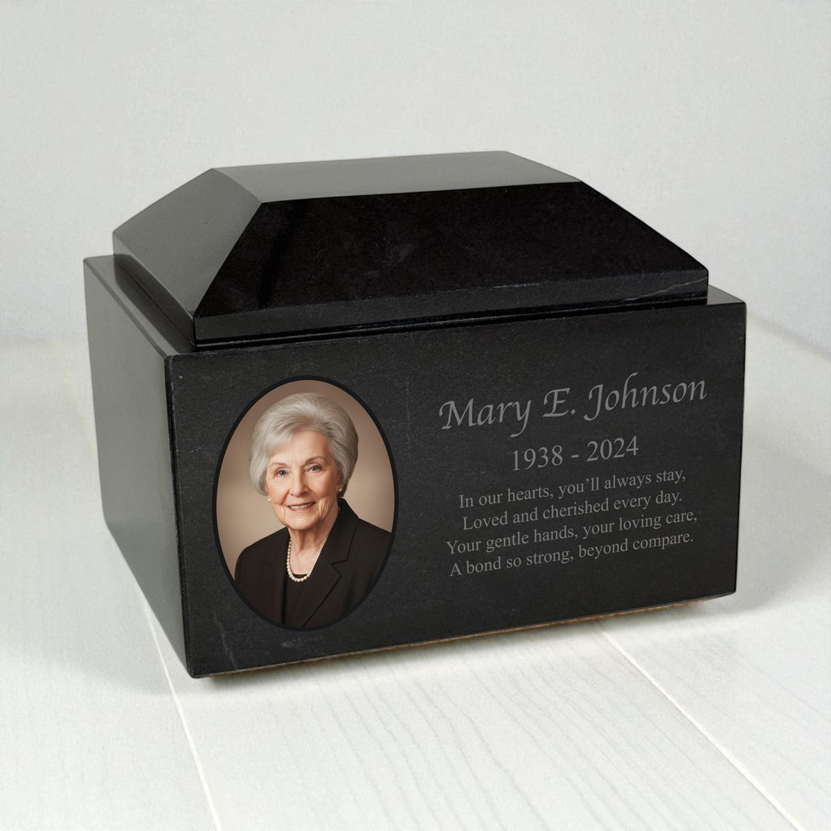 Personalized Jet Black Marble Urn – Custom Photo & Engraved Memorial Keepsake, Oval photo border
