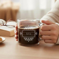 Load image into Gallery viewer, Personalized Glass Coffee Mug, Vintage Design Name or Monogram, Groomsmen or Bridesmaid gift / 13oz. Mug Engraved
