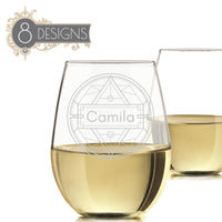 Load image into Gallery viewer, Personalized Stemless Wine Glass, Vintage Design Name or Monogram, Groomsmen or Bridesmaid gift / 20oz. Wine Glass Engraved

