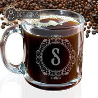 Load image into Gallery viewer, Personalized Glass Coffee Mug, Vintage Design Name or Monogram, Groomsmen or Bridesmaid gift / 13oz. Mug Engraved
