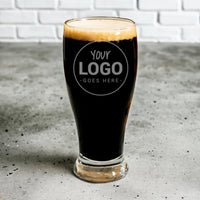 Load image into Gallery viewer, Custom engraved pilsner pub glass with your logo or image / Laser Engraved 19 oz.
