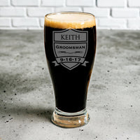 Load image into Gallery viewer, Groomsman beer glasses, Personalized Pilsner Glass/Engraved 19 oz. Glass, Wedding beer glass, Personalized beer glass, Engraved beer glass
