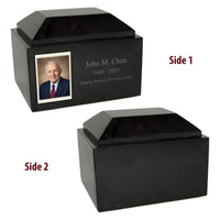 Load image into Gallery viewer, Personalized Jet Black Marble Urn – Custom Photo &amp; Engraved Memorial Keepsake, Rectangular photo border
