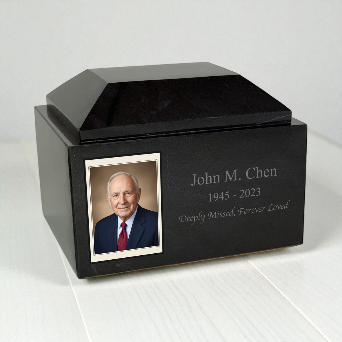 Personalized Jet Black Marble Urn – Custom Photo & Engraved Memorial Keepsake, Rectangular photo border