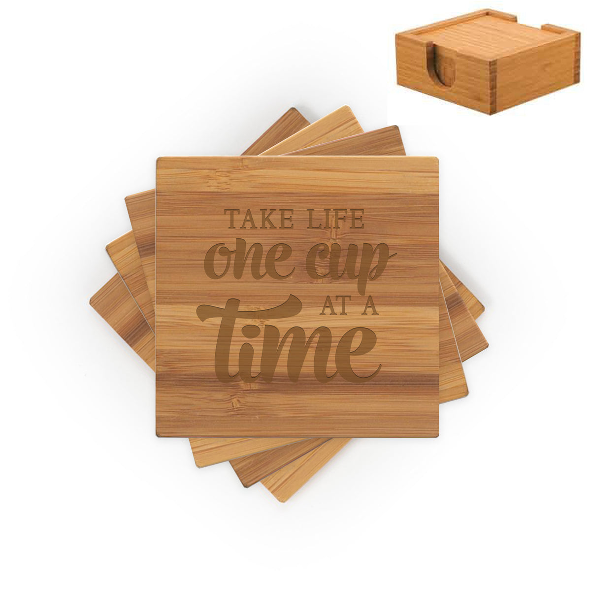 SET OF 4 drink theme engraved bamboo coasters / Laser engraved / 30 design options