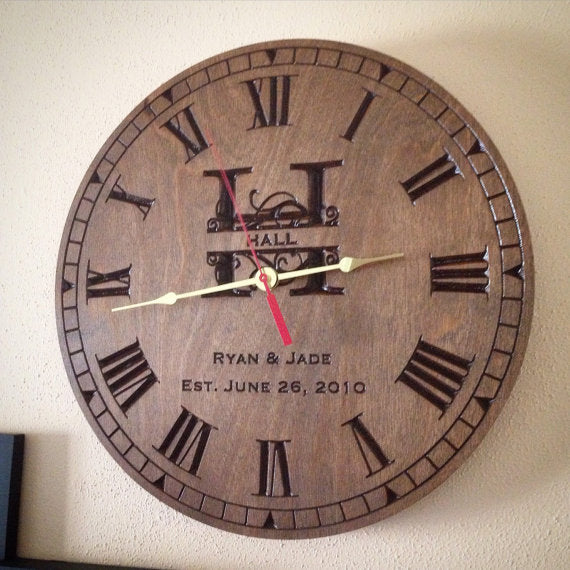 Personalized Clock, Engraved wood clock, Monogram established Clock carved / Engraved