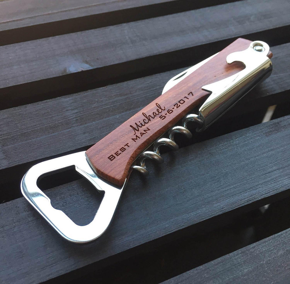 Engraved corkscrew opener, Personalized wood bottle opener, Wine corkscrew, custom bottle opener, Groomsman bottle openers, / Laser Engraved - RCH Gifts