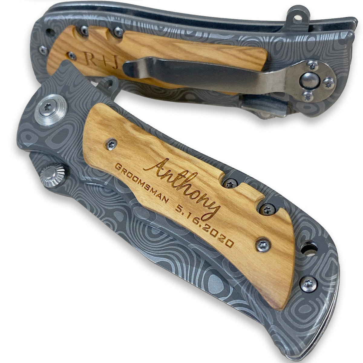 Personalized Engraved Pocket Knife, Damascus pattern knife / Laser Engraved - RCH Gifts
