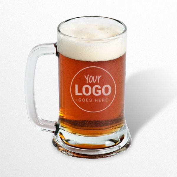 Custom engraved glass beer mug with your logo or image / Laser Engraved 16oz.