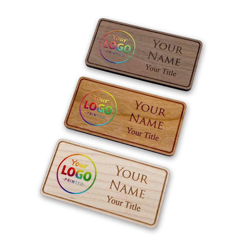 Engraved & Full Color Printed wood name tag, Corporate name badge, Personalized name tag, Company name tag, Magnetic backing tag