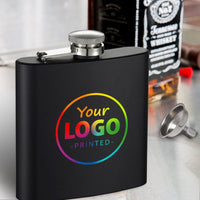 Load image into Gallery viewer, Custom black flask printed with your logo or image, Personalized flask for any occasion, 6oz. Flask / Full color printed
