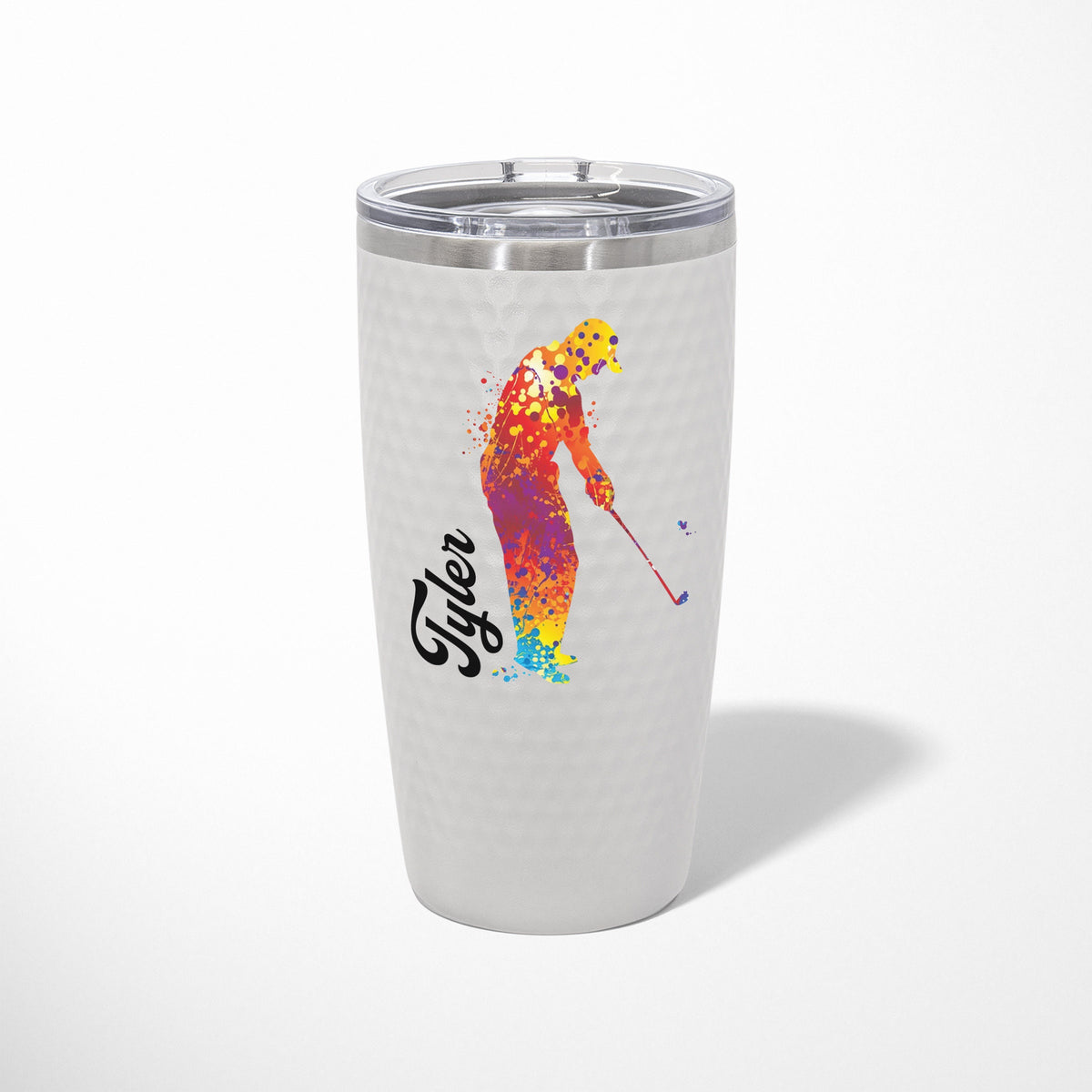 Golf ball dimpled tumbler personalized, Printed golfer design personalized, Golf gift travel mug 20 oz. / Full color print