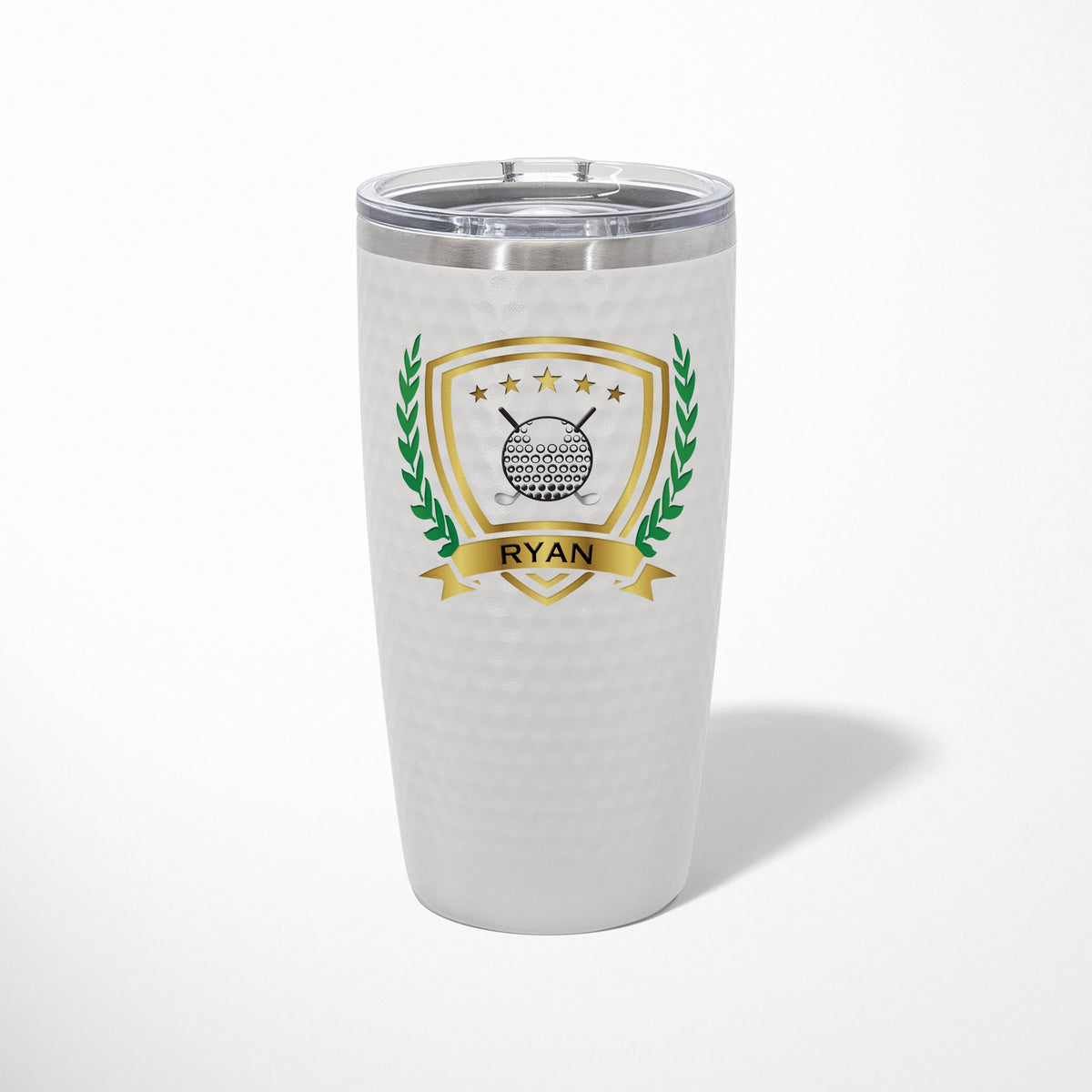 Golf ball dimpled tumbler personalized, Printed badge design personalized, Golf gift travel mug 20 oz. / Full color print