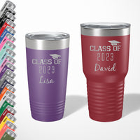 Load image into Gallery viewer, Graduation Custom engraved tumblers, Grad gift mug, Laser Engraved / 20oz. or 30oz. in 18 color options
