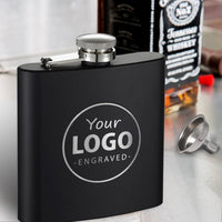 Load image into Gallery viewer, Custom black flask laser engraved with your logo or image, Personalized flask for any occasion, 6oz. Flask / Laser engraved
