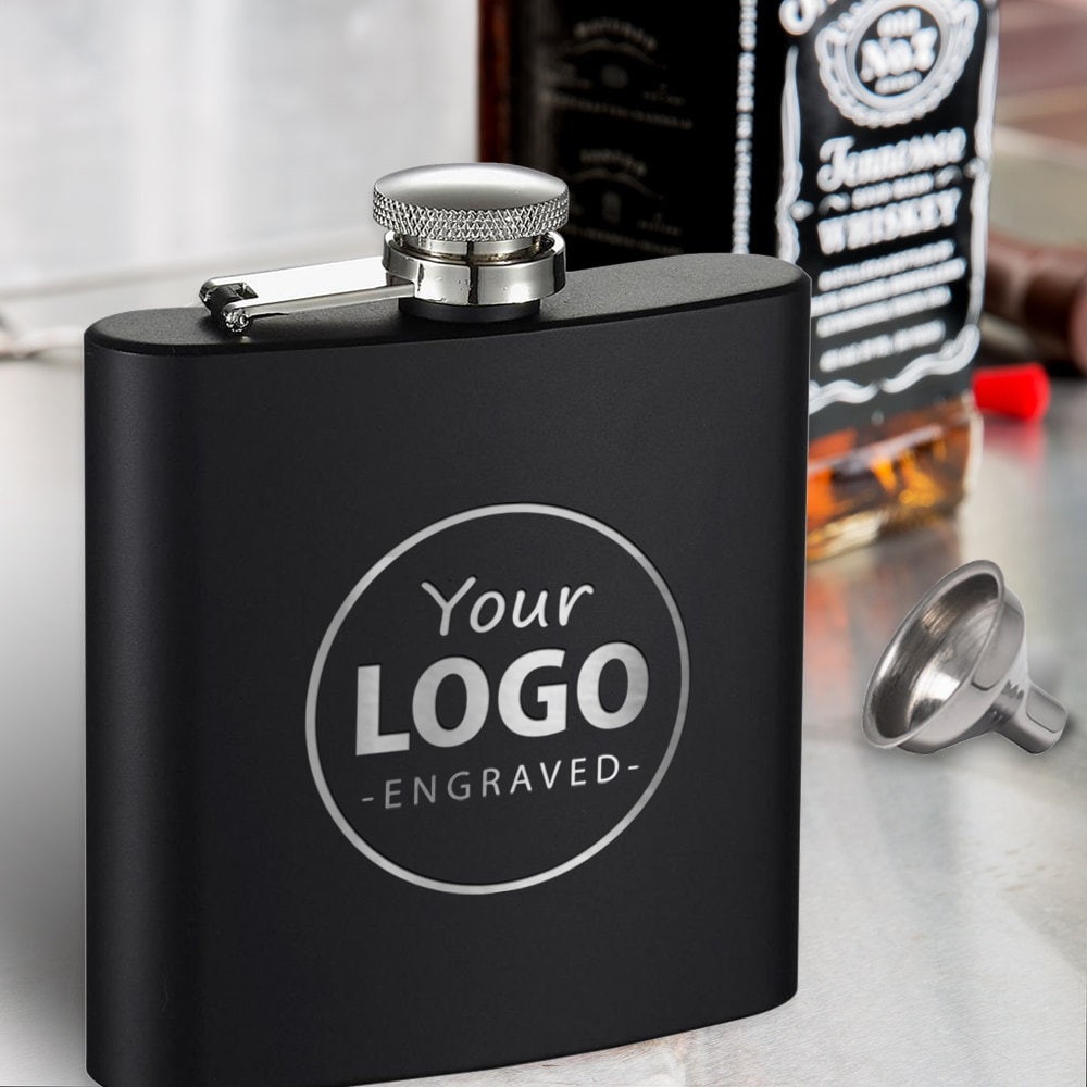 Custom black flask laser engraved with your logo or image, Personalized flask for any occasion, 6oz. Flask / Laser engraved