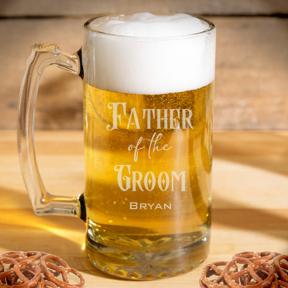 Father of the Groom or Bride beer mug glass, Dad glass, Wedding party gift for parents / Laser Engraved 25oz.