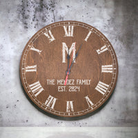 Load image into Gallery viewer, Personalized Clock, Custom printed rustic style wood clock, Monogram established clock / Printed design in full color
