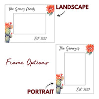 Load image into Gallery viewer, Couples wedding picture frame, Family name gift, Gift for newlyweds, Cactus and Flower design / 4x6 photo frame / Printed &amp; Laser Engraved
