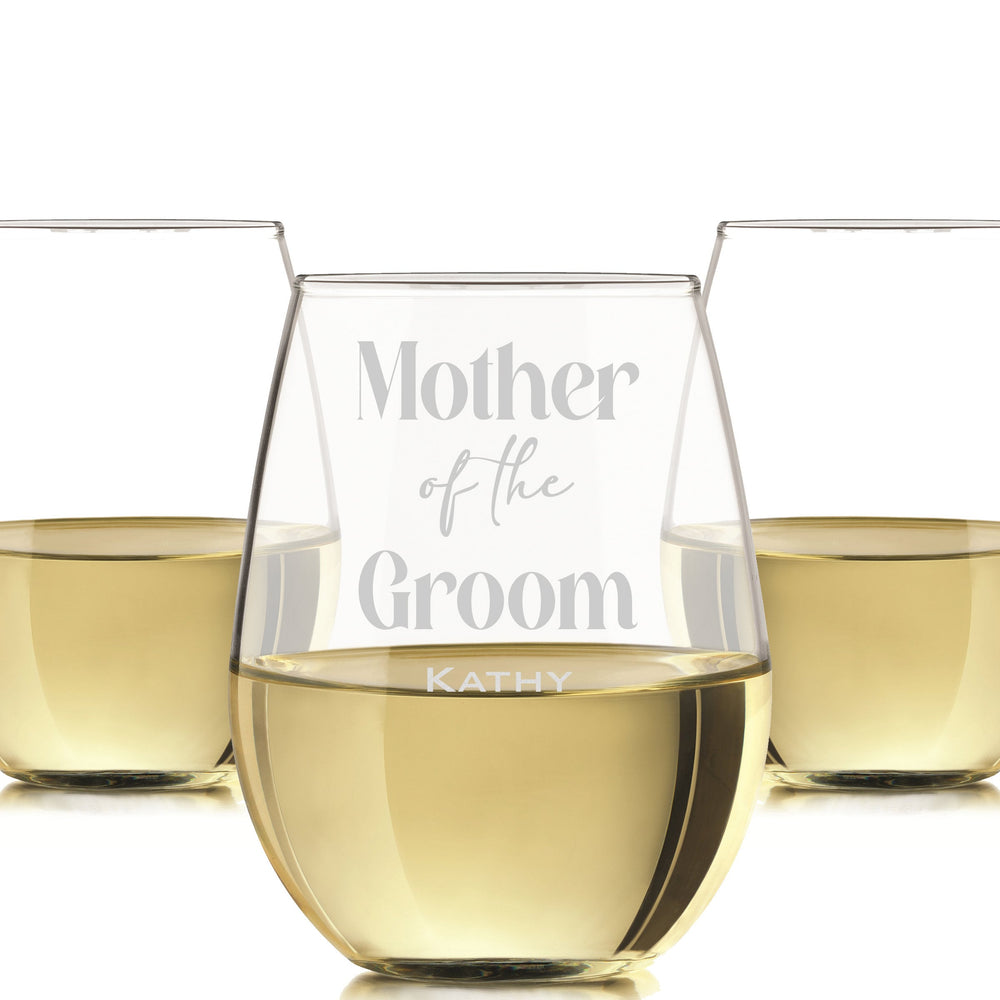 Mother of the Groom or Bride stemless wine glass, Mom glass, Wedding party gift for parents / Laser Engraved 20oz.