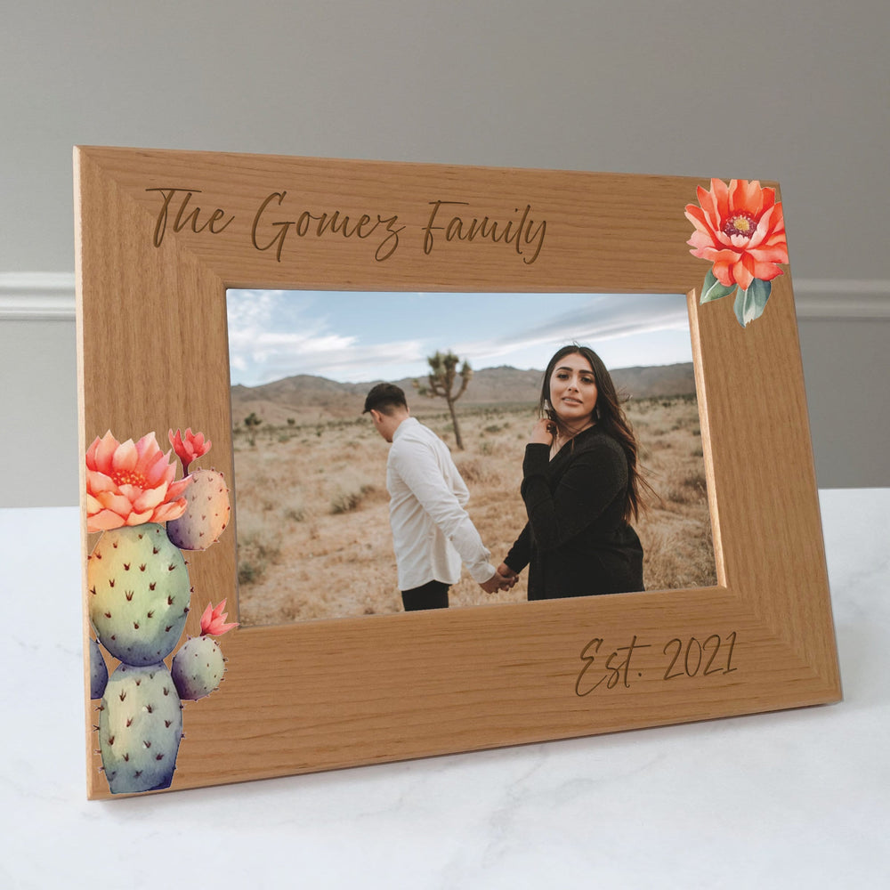 Couples wedding picture frame, Family name gift, Gift for newlyweds, Cactus and Flower design / 4x6 photo frame / Printed & Laser Engraved