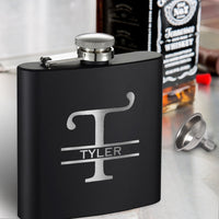 Load image into Gallery viewer, Engraved black flask, Personalized monogram Flask, Groomsmen flasks, Personalized Monogram Engraved 6oz. Flask/Laser engraved
