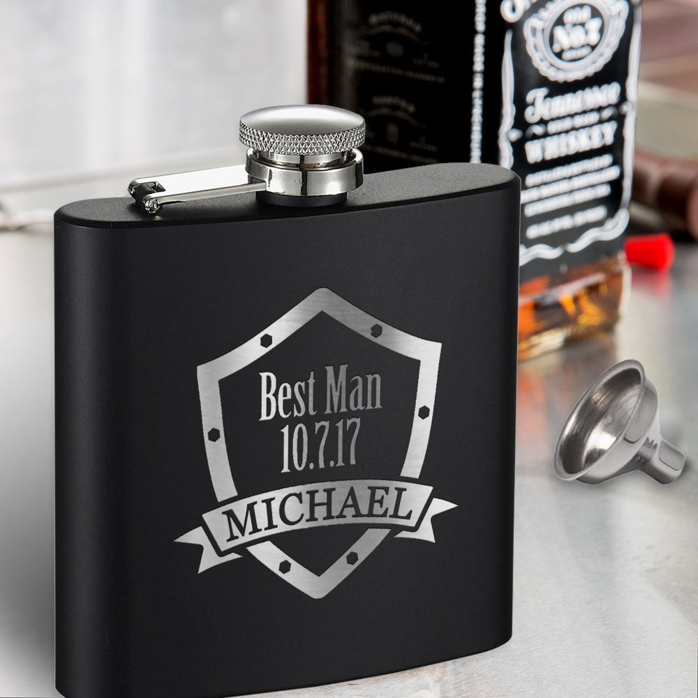 Engraved black groomsmen flask, Personalized wedding flasks engraved, Groomsman gift personalized /Laser engraved 6 oz. flask